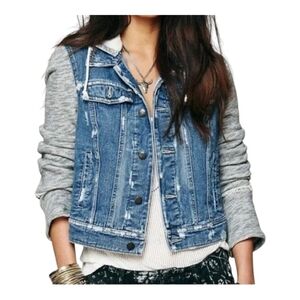 Free People Hooded Denim Jacket 100% Cotton Distressed Removable Hood Size M